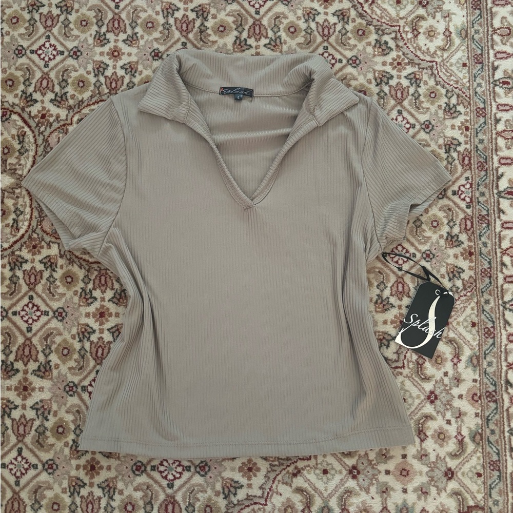 urban ribbed light brown fitted short sleeve top size large - Picture 1 of 4